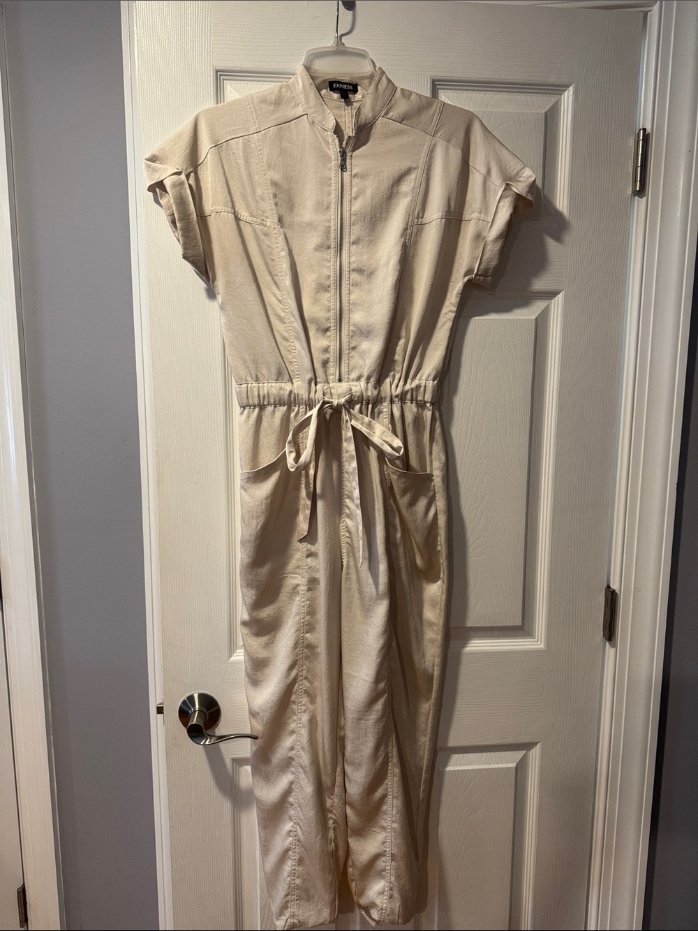 Express Cream Short-Sleeve Utility Jumpsuit with Drawstring